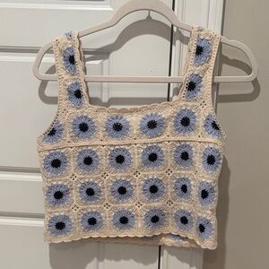 Rebellion Cream and Blue Crochet Tank Top